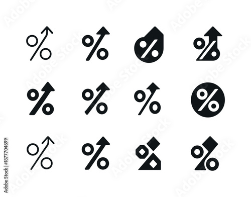 Interest Rates Icons. Interest rates and bonds. Icon set. Set Logo of Interest rates and bonds: percentage symbol with arrow. harmonious logo variations of the