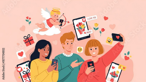 Three friends taking selfies with smartphones and Valentine's Day decor  
