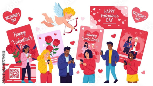 Group of diverse people celebrating Valentine's Day with messages and gifts  