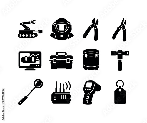 Explosive Ordnance Icon Set. Sapper. Solid icon set of explosive ordnance tools: bomb disposal robot, bomb suit helmet, wire cutter, circuit snip tool, x-ray