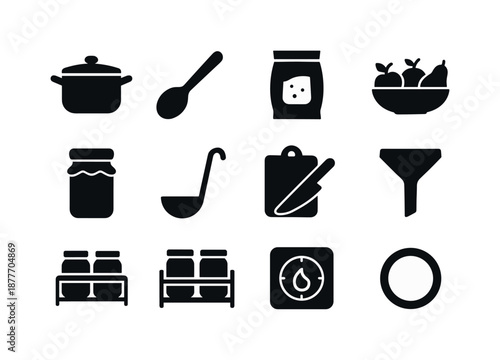 Homemade Jam Icons. Homemade jam making. Solid icon set of Homemade jam making: saucepan, wooden spoon, sugar bag, fruit bowl, jam jar, ladle, cutting board,