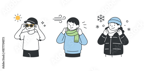 Seasonal Wardrobe Adjustment. Season change. A simple character adjusting clothing as seasons shift, with icons of sun, wind, and snow subtly surrounding them.