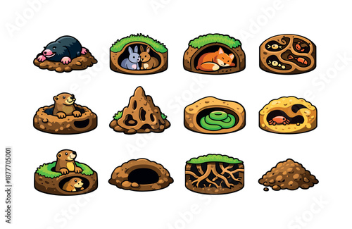 Burrowing Icon Set. Burrowing life. Colorful isometric vector icons set of burrowing life: mole, rabbit burrow, fox den, insect tunnel, groundhog hole, termite