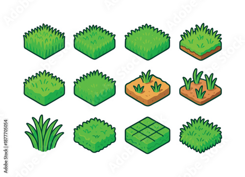 Colorful Turf Textures. Turf textures. Colorful isometric vector icons set of turf textures: dense turf square, short-cut grass, lush lawn bit, patchy grass