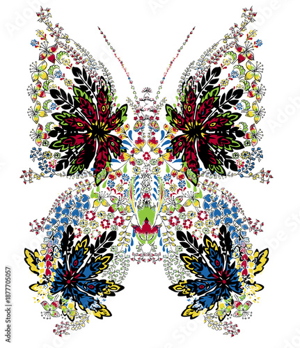 Ornate butterfly illustration with colorful floral and ethnic patterns on white background