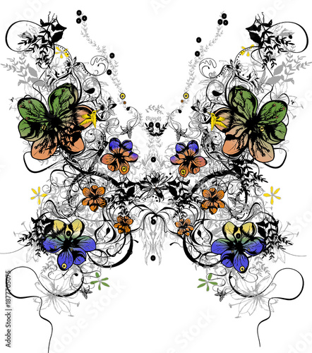 legant butterfly illustration with vintage floral swirls and watercolor flowers