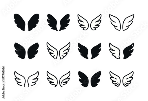 Angel Wings Icons. Angel wings. Icon set. Set Logo of angel wings: stylized feather arc. harmonious logo variations of the same emblematic concept, each with