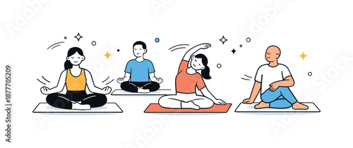 Yoga Class Harmony. Yoga set. A small group session with simple characters following an instructor, smooth movements and calm coordination. Abstract stars and