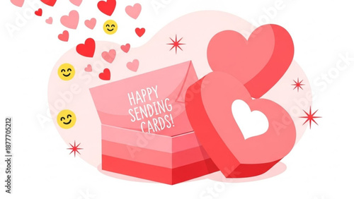 Valentine’s Day card box with hearts and emojis on pink background  