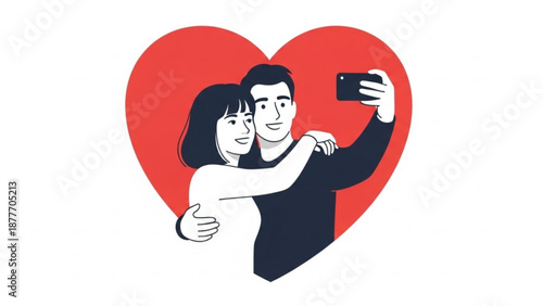 Young couple taking selfie inside large heart shape for Valentine's Day  