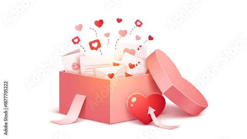 Pink gift box overflowing with hearts and love notes for Valentine's Day  