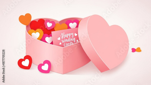 Heart-shaped gift box filled with colorful hearts for valentine's day  