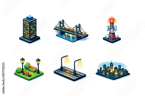 Colorful Urban Isometric. Urban Nightscape. Isometric flat vector icons set of Urban Nightscape: high-rise with glowing windows, night bridge lights, rooftop