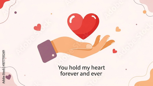 Hand holding red heart with small hearts on pastel background for valentine's day  