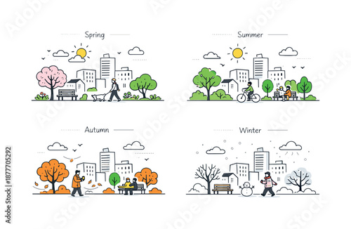 Seasonal Cityscape Transition. City through seasons. The same minimal cityscape shown with seasonal changes like trees, weather and light. Calm editorial scene