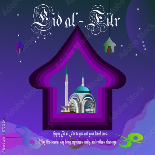 This elegant Eid al-Fitr greeting illustration features a majestic mosque, Arabic calligraphy, and decorative arches. Perfect for Islamic holiday cards, posters, social media, and festive designs.