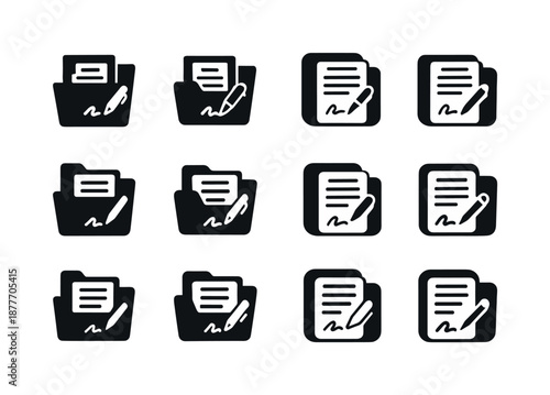Job Contract Icons. Job contract. Icon set. Set Logo of Job contract: Contract folder: Abstract geometric, Symmetrical form, Filled silhouette, Minimal