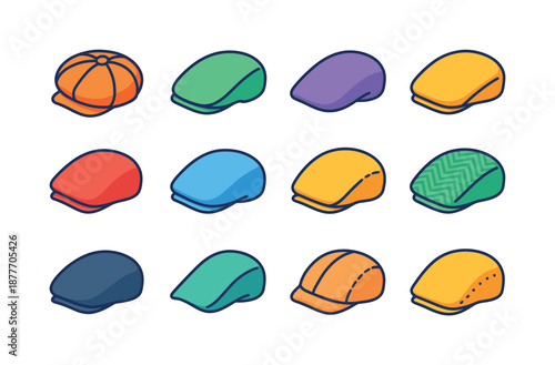 Colorful Flat Caps Icons. Flat caps collection. Colorful isometric vector icons set of flat caps collection: newsboy cap, ivy cap, duckbill cap, driving cap,