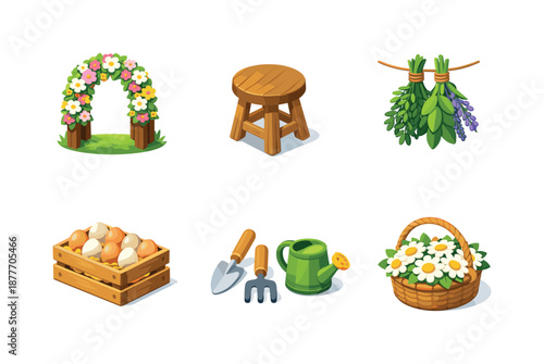 Spring Market Icons. Spring market stall objects. Isometric flat vector icons set of Spring market stall objects: floral display arch, rustic stool seat,