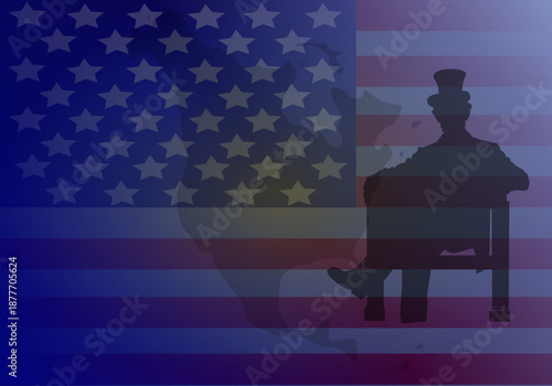An artistic illustration of Abraham Lincoln's silhouette facing forward, framed by the American flag. A symbol of leadership, freedom, history, democracy, and political vision.