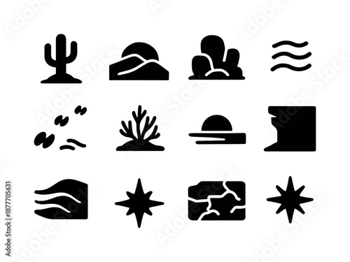 Desert Sunset Icons. Desert sunset. Solid icon set of desert sunset: cactus silhouette, sand dune, setting sun arc, desert rocks, heat waves, camel track,