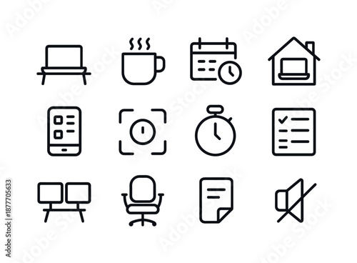 Flexible Work Icons. Flexible Work Habits. Line icon set of Flexible Work Habits: laptop on desk, coffee mug, adjustable schedule, home office, digital