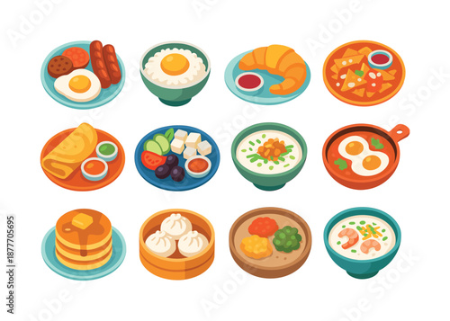 Global Breakfast Icons. Global breakfast traditions. Colorful flat vector icons set of global breakfast traditions: English breakfast plate, Japanese tamago