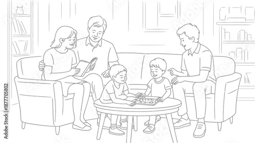 A family of four sitting in a living room with a coffee table and books.
