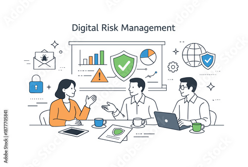 Cyber Risk Strategy. Digital risk management strategy. Team discussing cyber risks around charts and shield symbols, collaborative and responsible atmosphere.