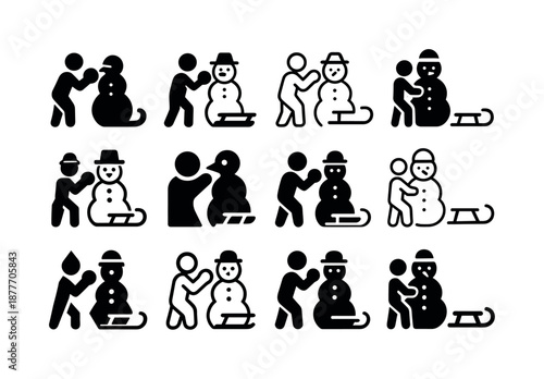 Snowman Contest Logos. Snowman-building contest and snow activities. Icon set. Set Logo of Snowman-building contest and snow activities: sled. harmonious logo
