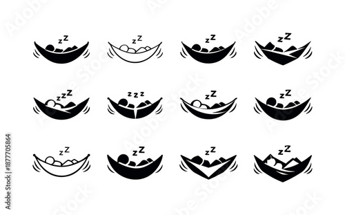 Hammock Sleep Icons. A person drifting off to sleep in a hammock. Icon set. Set Logo of a person drifting off to sleep in a hammock: hammock with gentle sway