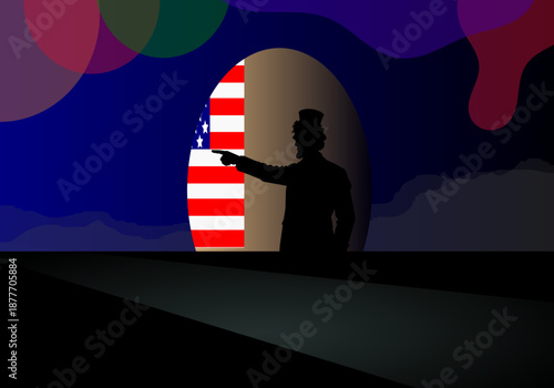 An artistic illustration of Abraham Lincoln's silhouette facing forward, framed by the American flag. A symbol of leadership, freedom, history, democracy, and political vision.
