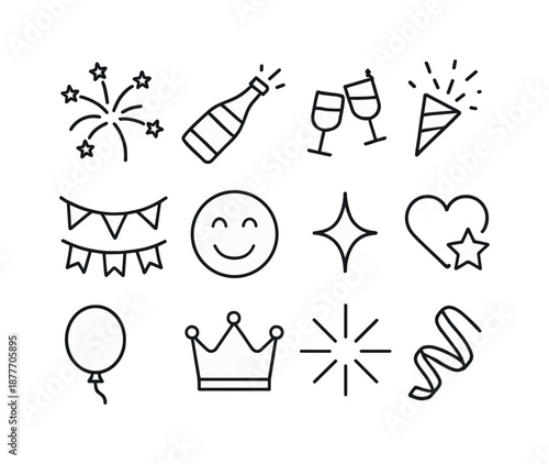 Celebration Icons Grid. Award ceremony. Line icon set of celebration symbols: fireworks, champagne bottle, clinking glasses, confetti burst, party garland,