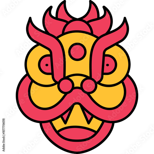 Dragon Lion Dance Colored Outline Icon for Chinese New Year, Traditional Festival Performance Vector