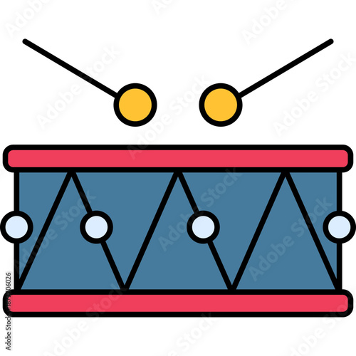 Drum Colored Outline Icon for Chinese New Year, Traditional Musical Instrument Symbol Vector