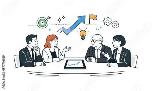 Strategic Leadership Discussion. Strategic executive meeting. Leaders discussing priorities around a table with a tablet. Thoughtful dialogue and alignment,