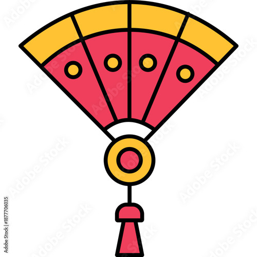 Fan Colored Outline Icon for Chinese New Year, Traditional Hand Fan Symbol Vector