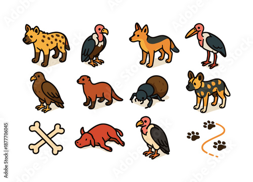 Savanna Scavengers Icons. Savanna scavengers. Colorful isometric vector icons set of savanna scavengers: hyena, vulture, jackal, marabou stork, buzzard,