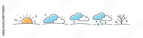 Seasonal Transition Illustration. Season change. Minimal horizon with sun, clouds, and light rain appearing in sequence, symbolizing shifting seasons. Peaceful