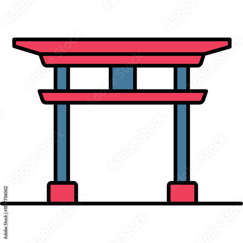 Chinese Gate Colored Outline Icon for Chinese New Year, Traditional Entrance Symbol Vector