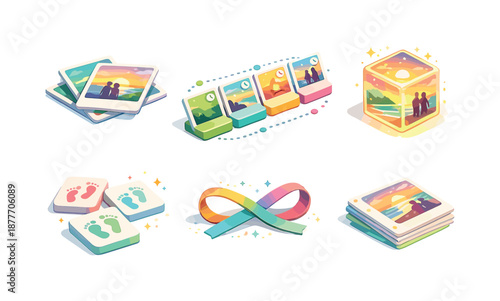 Shared Memories Icons. Shared memories. Isometric flat vector icons set of shared memories: overlapping photo cards, memory timeline blocks, glowing past