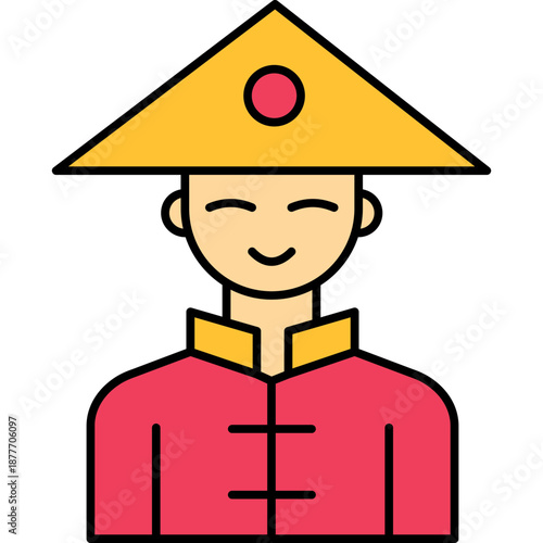 Chinese Man Colored Outline Icon, Traditional Character & Cultural Symbol Vector