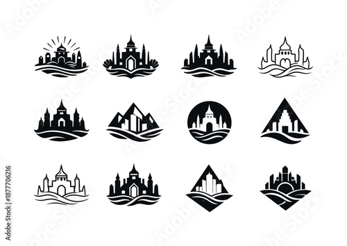 Atlantean Icons Set. Atlantean myth. Icon set. Set Logo of Atlantean myth: submerged city skyline. harmonious logo variations: Stylized detail, Symmetrical