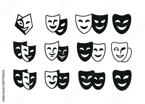 Art and Culture Fusion. Art and culture blending. Icon set. Set Logo of art and culture blending: merged theater/comic mask. harmonious logo variations of the