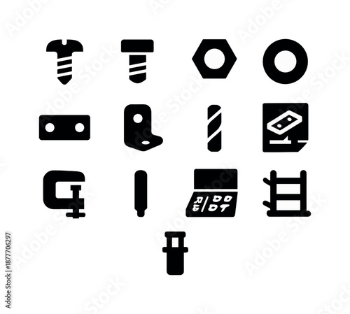 Machine Assembly Icons. Machine assembly. Solid icon set of machine assembly: screw, bolt, nut, washer, metal plate, bracket piece, drill bit, assembly guide,