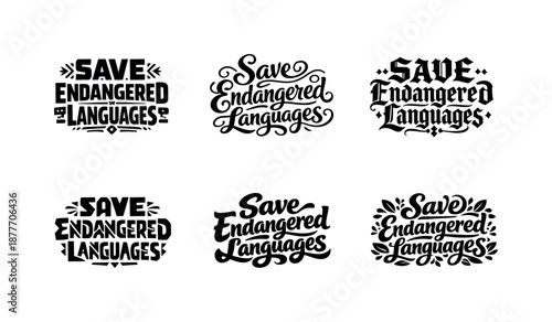 Endangered Language Typography. Save endangered languages. Set lettering. harmonious lettering variations of the same emblematic concept, each with different