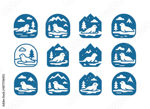 Winter Animal Logos. Snowy landscapes with animals in winter habitats. Icon set. Set Logo of snowy landscapes with animals in winter habitats: seal on ice.