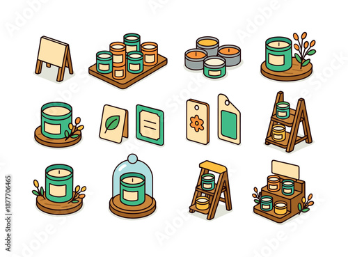 Eco Candle Icons Display. Eco candle display. Colorful isometric vector icons set of eco candle display: tiered stand, display tray, candle jars, tin candles,