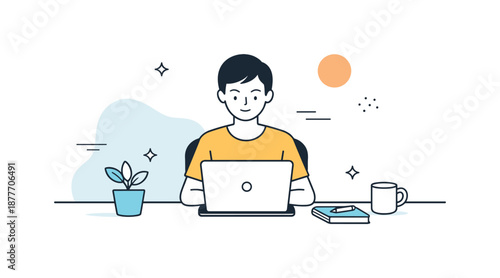 Minimalist Work Focus. Mindful Focus. A person sitting at a desk with minimal objects, clean lines emphasizing concentration and clarity. Calm working mood
