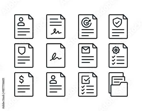 HR Document Icons. HR documents. Line icon set of HR documents: resume file, contract paper, performance review, benefits form, policy sheet, signature icon,